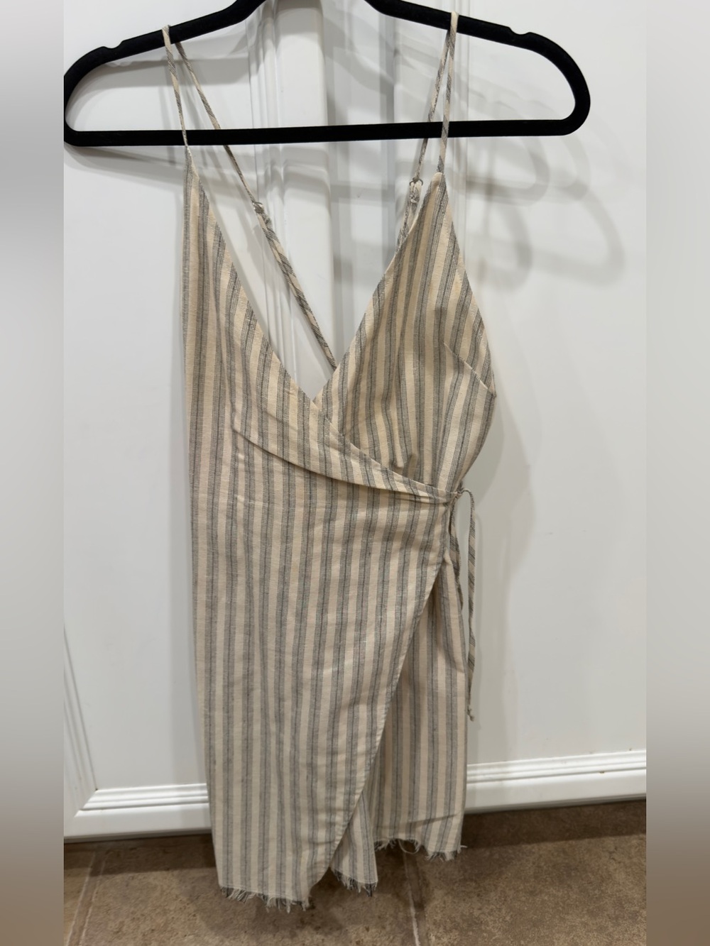 Beige and Gray Striped Wrap Romper - Women